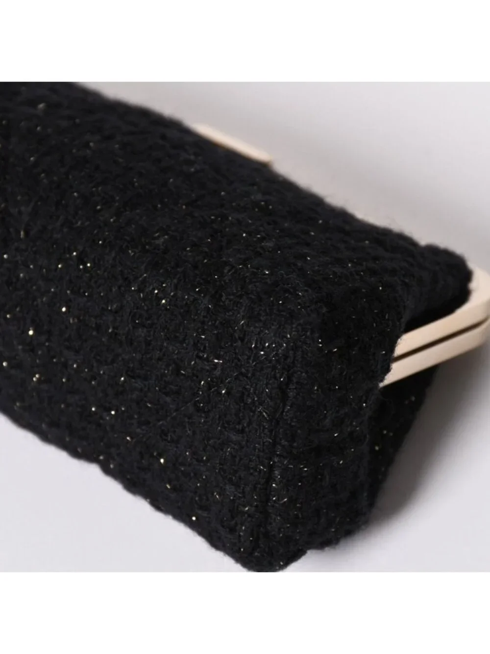 Chanel Clutch Pouch CC Logo Tweed Kiss Lock Black Gold